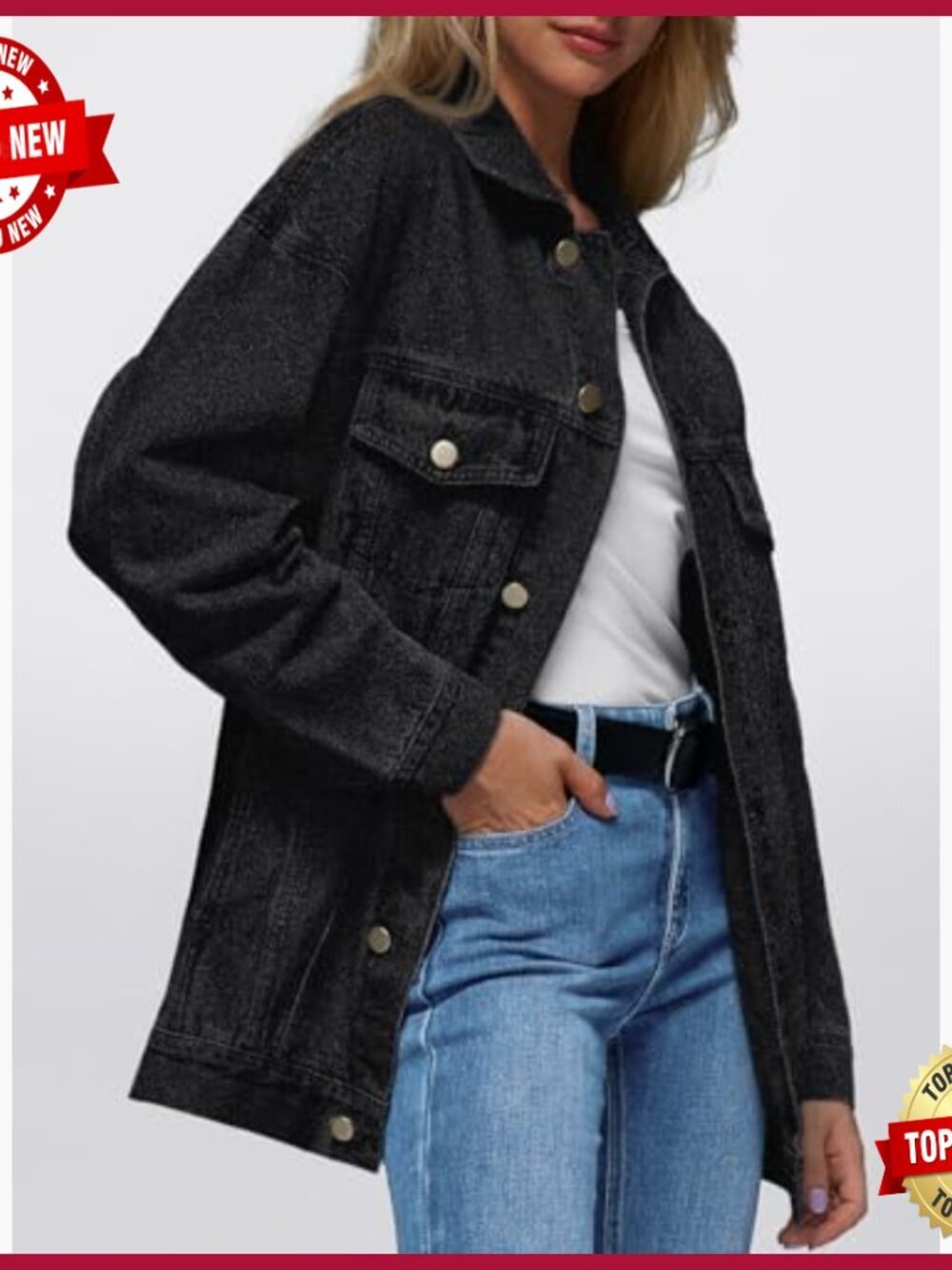 Oversized Denim Jacket, Boyfriend Style with Chest Pockets, Cotton - Picture 3 of 5
